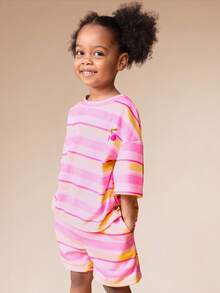 SUMWON Oversized Girls Horizontal Striped T-Shirt And Shorts Co-Ord Set Summer Casual Crew Neck Short Sleeve Two Piece Outfit - Pink - View 3