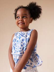 SUMWON Girls Peplum Tank Top Wide Leg Palazzo Pants Co-Ord Set Folk Print Summer Outfit Festive Occasionwear - Blue and White - View 3