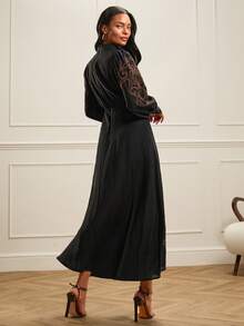 Lilora Women's Elegant Embroidered Puff Sleeve Button Design Dress - Black - View 2