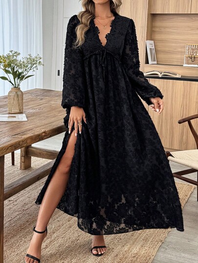 Louniche Women's V-Neck Contrast Lace Textured Fabric A-Line Dress, Casual & Holiday Style, Spring/Summer