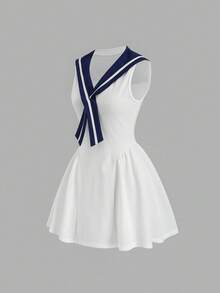 Sweetra 女士复古水手领修身优雅休闲连衣裙，舒适百搭，适合度假、春夏穿着 - 白色 - 查看 3