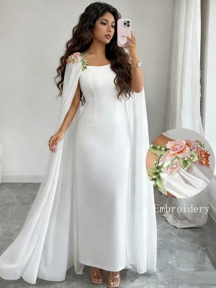 SHEIN Elenzya 女士花卉刺绣方领宽松泡泡袖优雅连衣裙，春夏婚礼 - 白色 - 查看 1