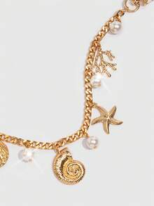 ROMWE Fairycore 1 pieza Adorno de concha marina para un estilo festivo, cadena de concha de estrella de mar, llavero de cola marina de concha, adecuado para combinar con una bolsa cuadrada pequeña cuando salgas de vacaciones. - Oro 1 - Ver 4