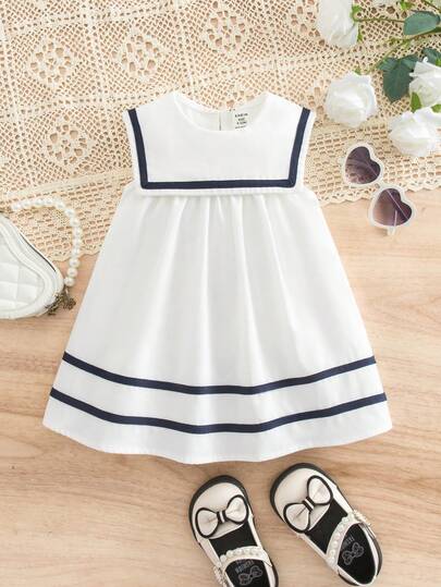 SHEIN Vestido casual a rayas con cuello de marinero blanco y estilo preppy para bebé niña