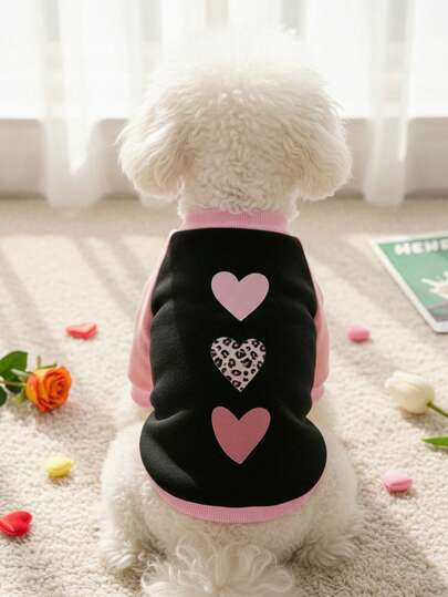 PETSIN 1 Pc Pet Dog/Cat Unisex Leopard Print Heart Pattern Black & Pink Cute Pullover Sweatshirt, For Valentine's Day