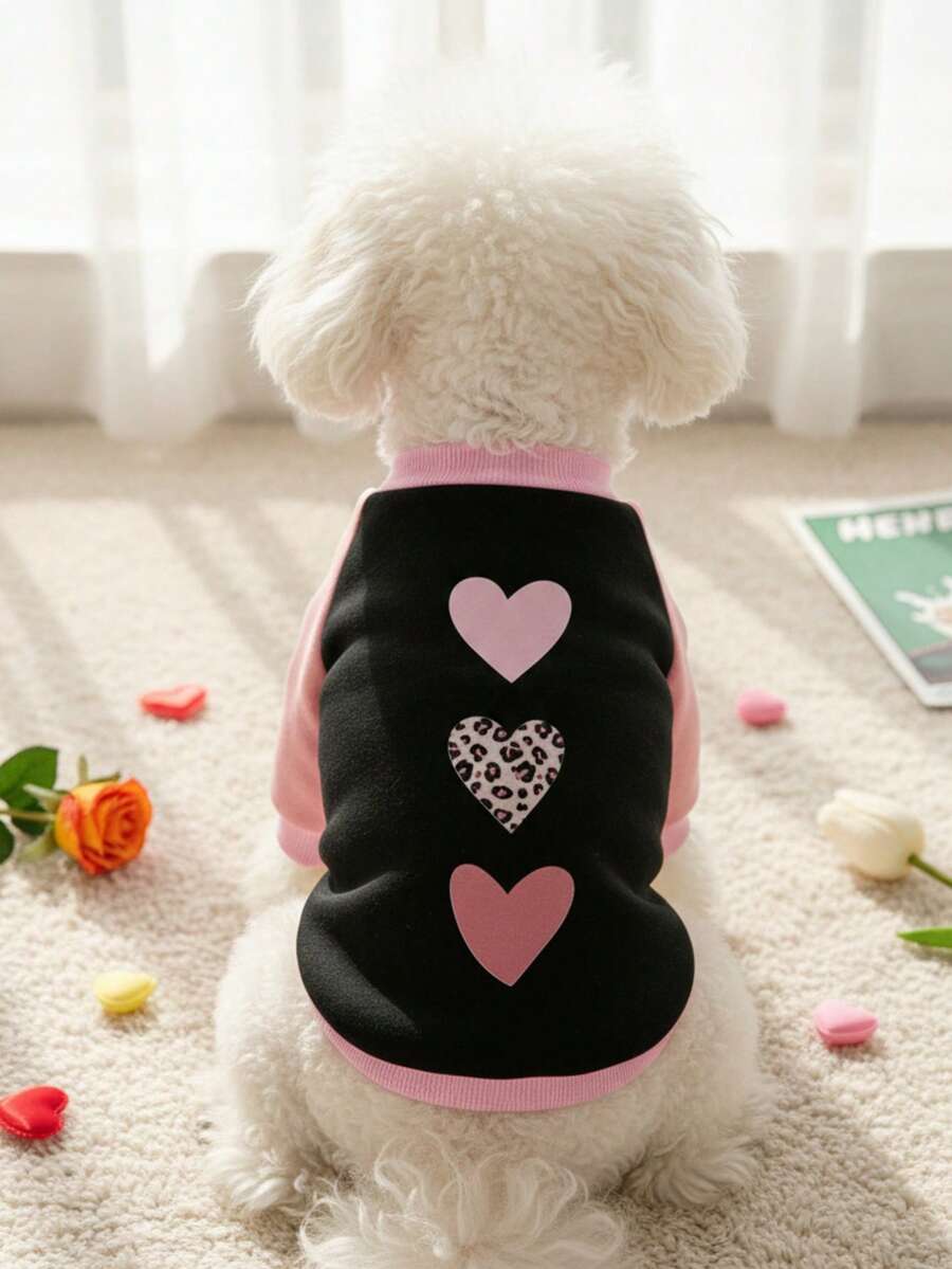 PETSIN 1 Pc Pet Dog/Cat Unisex Leopard Print Heart Pattern Black & Pink Cute Pullover Sweatshirt, For Valentine's Day - Multicolor - View 1