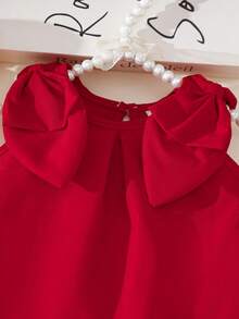 SHEIN Vestido elegante sin mangas con cuello redondo y decoración de lazo, unicolor, para niñas, verano - Rojo - Ver 4