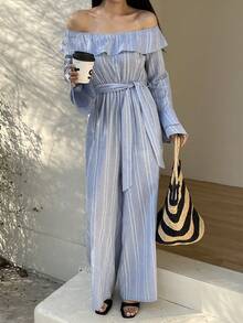 DAZY 女士度假风拼接荷叶边条纹单肩喇叭袖阔腿连体裤 - 藍色 - 查看 3