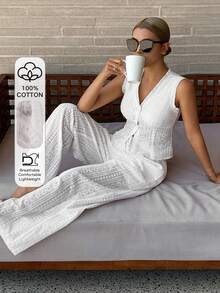 DAZY Bohemian Style Embroidered Jacquard Fabric Women Pajama Set - White - View 3