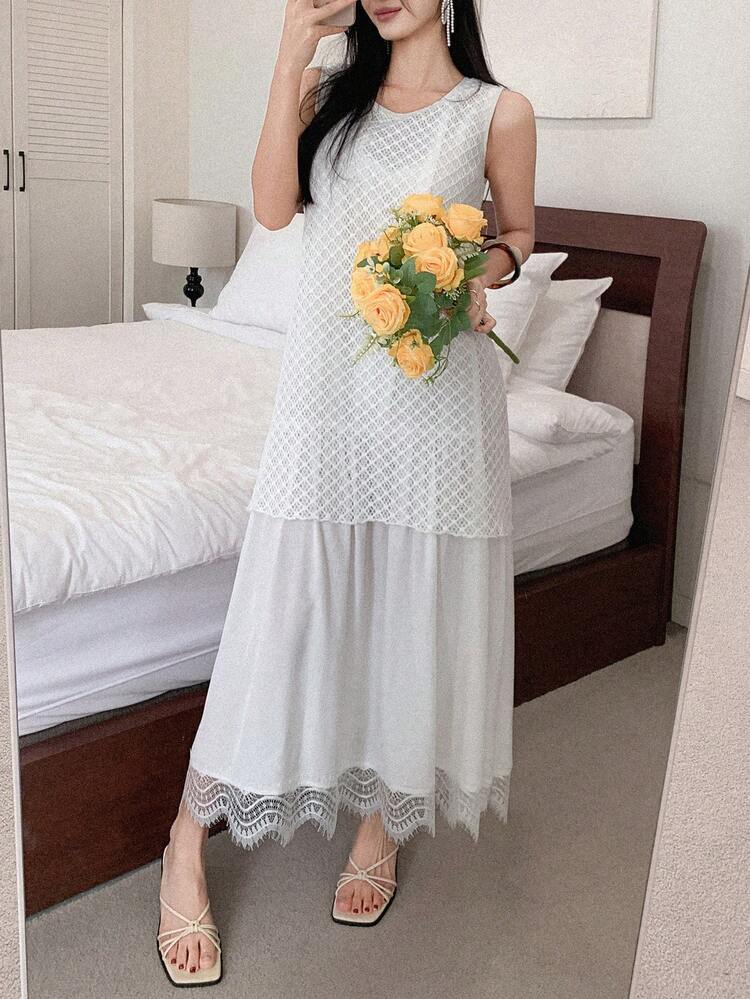 Women's Summer Round Neck Sleeveless Textured Fabric Lace Patchwork Casual Dress Sundress