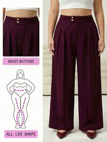 Modelyn Calça Pantalona Plissada de Cor Sólida Elegante Plus Size, Adequada para Uso Diário - Vinho - Visão 7