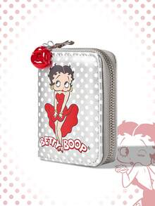Betty Boop | ROMWE Ví đựng tiền xu tối giản có khóa kéo, chất liệu giả da màu bạc, họa tiết chấm bi hình môi, thích hợp cho nữ. - Bạc - Xem 2