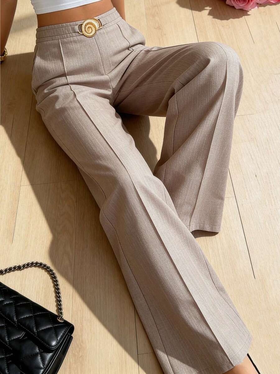 Elenzga 女士竹纤维提花面料优雅职业装长裤，腰部饰有夸张金属装饰，春夏款 - 杏色 - 查看 1