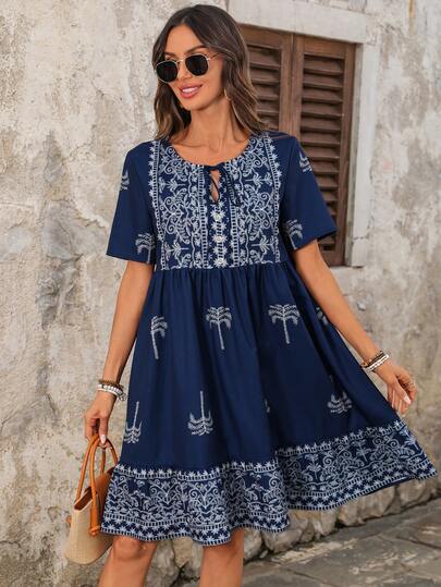 EMERY ROSE Women's Vintage Embroidered Casual Mini Dress For Vacation Casual Dresses For Women Boho  Vacation Dresses  Vacation Outfits For Women Holiday Outfits   Floral Dress