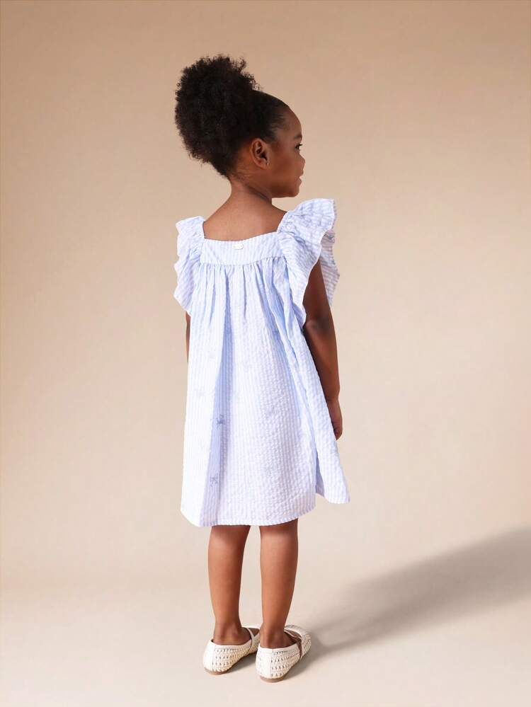 Square Neck Flutter Sleeve Striped Dress With Ruffles