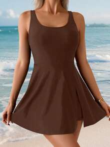 Swim Lushoire 女士夏季沙滩休闲优雅纯黑色粗肩带圆领荷叶边下摆连体泳衣 - 咖啡棕 - 查看 4