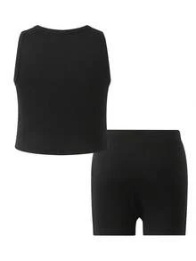 女童休闲度假黑色针织修身吊带背心，夏季细肩带上衣，柔软修身设计，适合度假、旅行、校园、日常穿着 - 黑色 - 查看 3