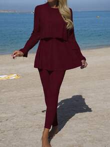 Swim Mulvari Women's Ivory Elegant Ruched Flounce Elastic Waist Flare Sleeve Dress + Pants Beach Swimsuit, Spring/Summer - Red - View 5