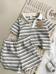 2pcs Baby Boy Cute Casual Striped Polo Collar Knit Top & Elastic Waist Shorts Set - Brown - View 6