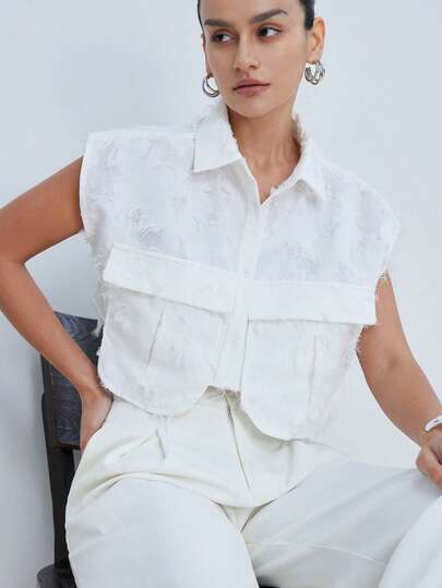 Aveloria Modichic 复古休闲百搭通勤工作背心，装饰性口袋设计，纹理流苏面料，宽松无袖女式上衣