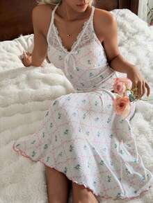 SHEIN Contrast Lace Floral Print Romantic Elegant Maxi Slip Dress - White - View 7