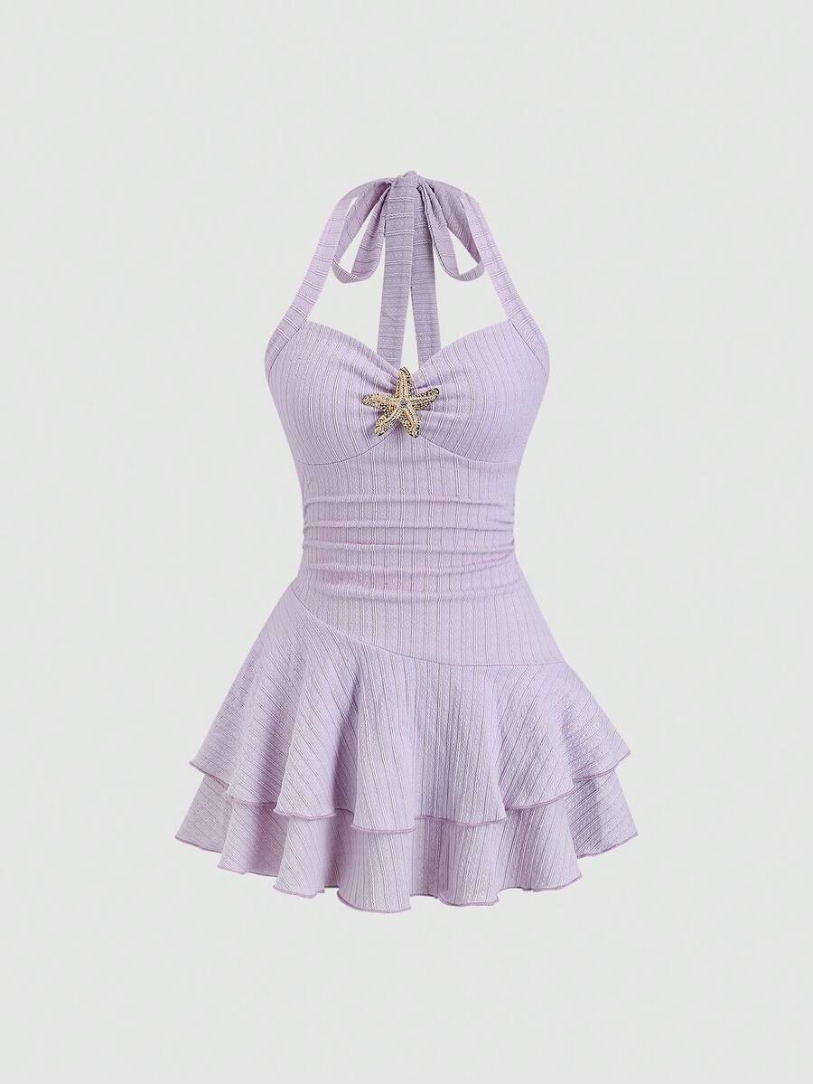 Sweetra Women's Cute Purple Summer Holiday Vacation Mini Dress,Elegant Textured Halter Neck Tie Front Ruched Metallic Decor Tiered Ruffle Hem Playful Dress - Purple - View 1