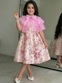 SHEIN Tween Girl Elegant Layered Mesh Trim Sleeveless Jacquard Dress 2 Pieces Set,Pink Silk Long Puffy Flowerance Dress For Teens,Summer Country Concert - Hot Pink - View 2
