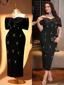 Modelyn Đầm ôm sát trễ vai thanh lịch, tối giản kiểu Pháp cao cấp đính đá lấp lánh dành cho nữ. - màu đen - Xem 1