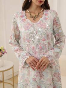 Yasmyna Đầm dài tay dáng rộng, in họa tiết hoa, dành cho nữ, thanh lịch, với cổ áo đính cườm. - Nhiều màu - Xem 2