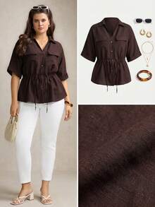 Zelara 大码女式抽绳腰宽松夏季度假休闲沙滩衬衫 - 咖啡棕 - 查看 8