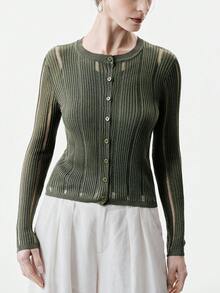 Aalyst 2pcs/Set Women's Hollow Out Shiny Knit Cover Up & Camisole Top, Lightweight Sun Protection Sweater, Summer - Army Green - View 2