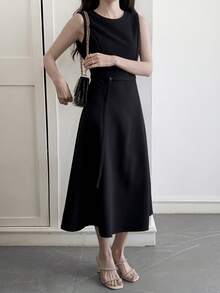 DAZY Đầm đen kiểu Pháp, đầm midi dáng chữ A thắt eo dành cho nữ, đầm mùa hè. - màu đen - Xem 6