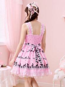 ROMWE Kawaii Đầm Lolita dễ thương dành cho nữ, in hình mèo chơi piano, ren, xếp ly và nơ. - Hồng - Xem 4