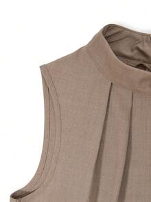Balvessa Áo kiểu nữ không tay cổ tàu màu trơn thanh lịch - Màu Khaki - Xem 5