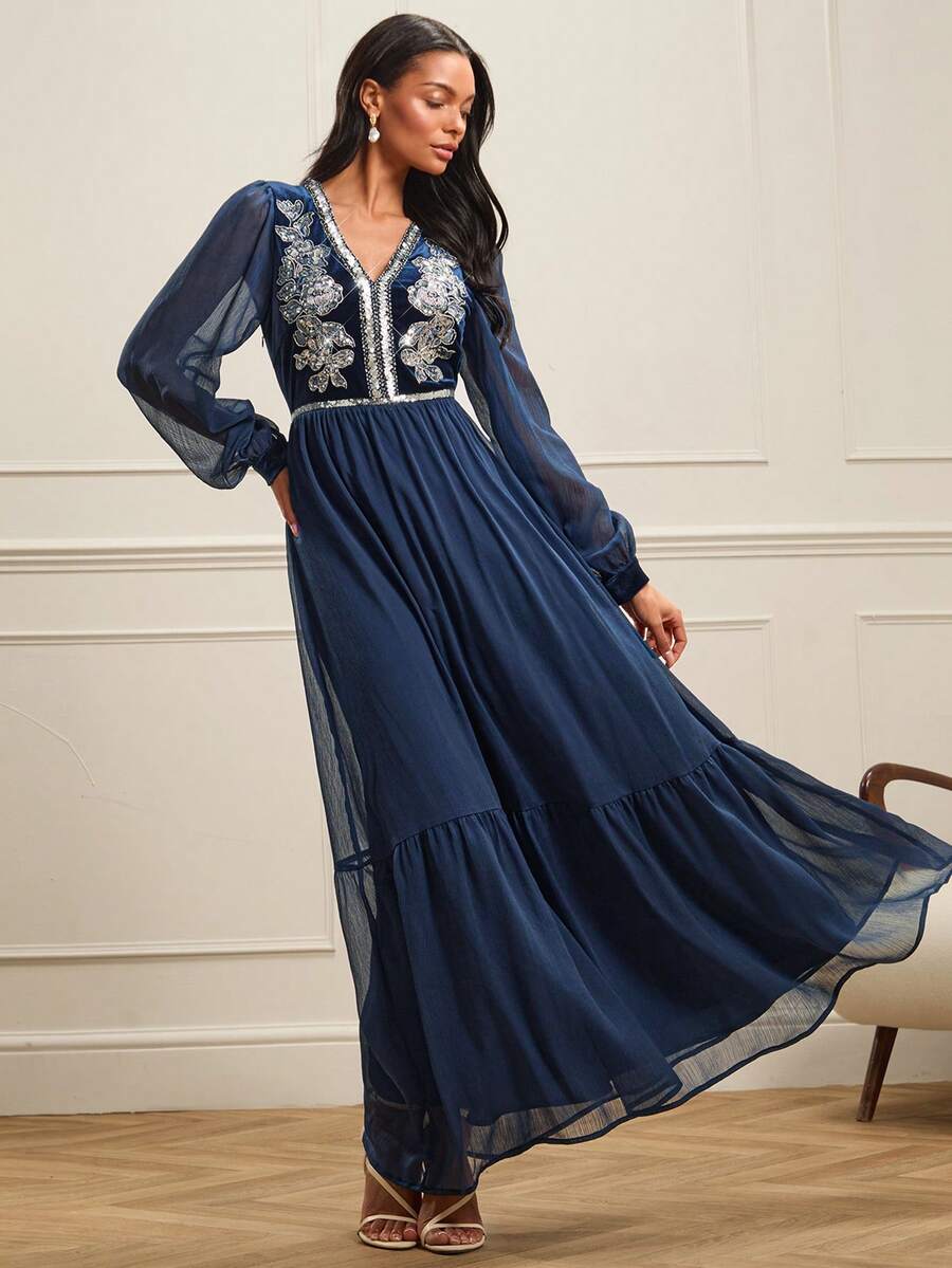 Lilora Women's Elegant Sequins Embroidered Dress - Blue - View 1