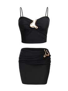 Sirith 3pcs Women's Black Solid Color Swimwear Set, Includes Tight-Fitting Sexy Swimwear Top, Asymmetric Cutout Ruched Tankini Bottom, And Tight Mini Skirt, Suitable For Swimming, Vacation, Beach, Pool Party - Black - View 4