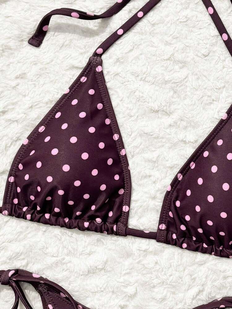 Bonvoyette Summer New Beach Vacation Party Afternoon Tea Polka Dot Print Micro Triangle Side Tie Ruched 3 PiecesWomen Swimwear Set - Multicolor - View 5