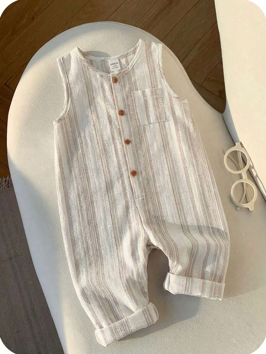 SHEIN 中性新生兒嬰兒男/女嬰杏色條紋無袖連身褲,適合度假、休閒日常穿著,春夏嬰兒服飾套裝 - 杏色 - 查看 1
