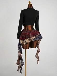 SaltGleam SaltGleam Asymmetric Ruffle Hem Mixed Plaid Skirt - Burgundy - View 2