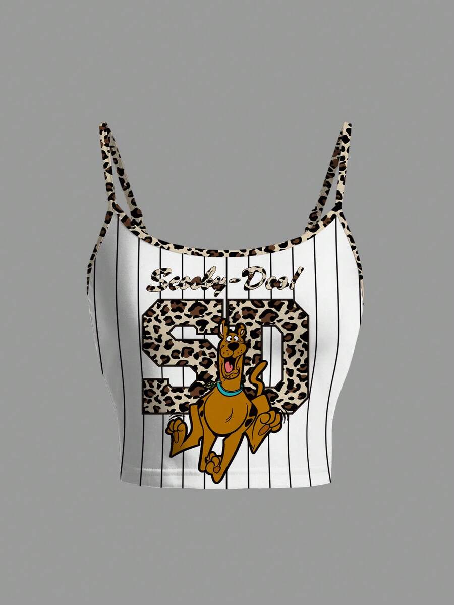 SCOOBY-DOO X SHEIN Women's Summer Fashion Leopard & Cartoon Dog Print Patchwork Slim Fit Cropped Camisole Top - White - View 1