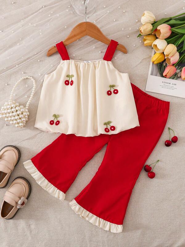 SHEIN 2pcs Baby Girls Butterfly Embellished Tank Top And Pants Set, With 3D Cherry Red Pants And Ruffled Hem Cream White Camisole