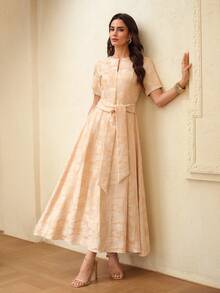 ZEYLAH Vestido elegante de manga corta con escote en V y jacquard, primavera/verano - Albaricoque - Ver 5