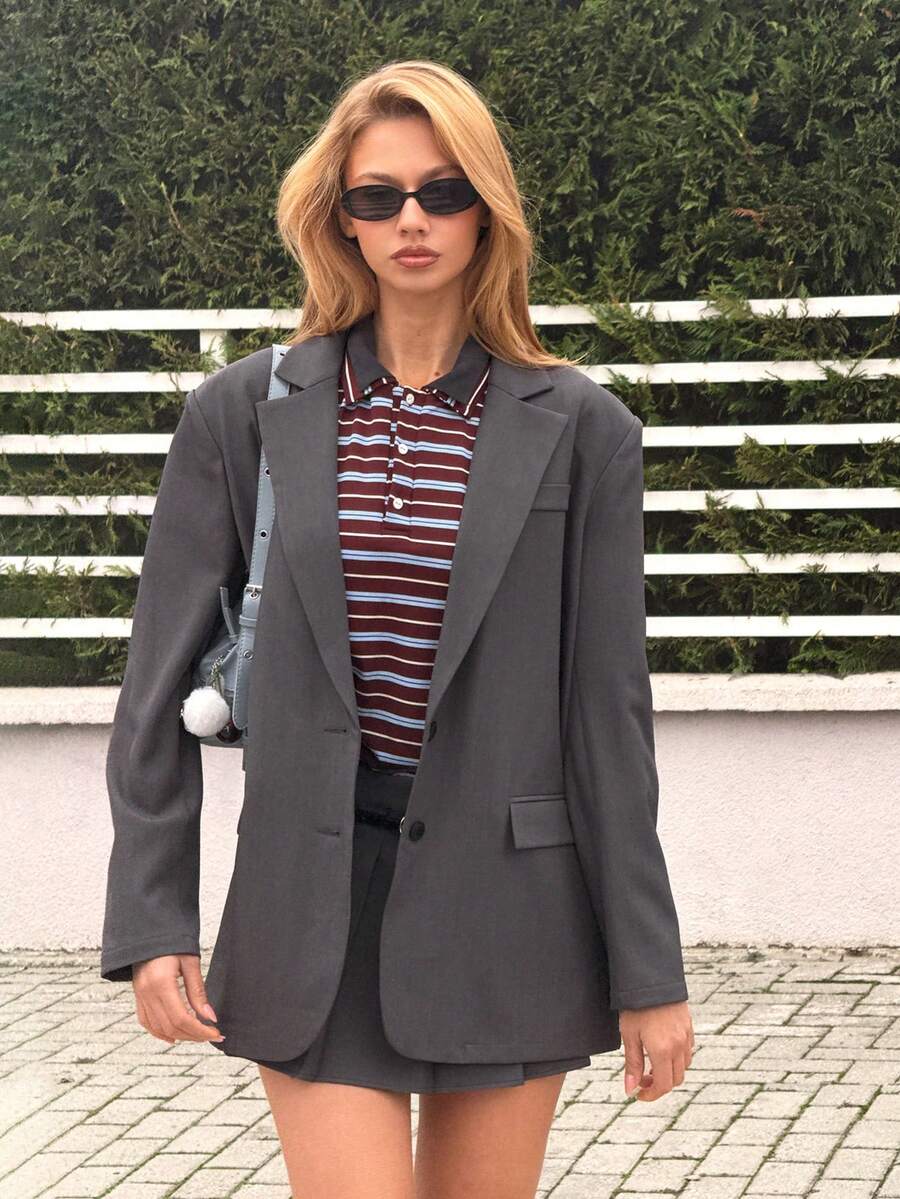 MainGRL 女士宽松灰色梭织休闲西装外套,春夏款 - 灰色 - 查看 1