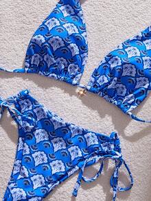 Swim Mod 2026 Spring/Summer Fashionable Printed Halter Backless Sexy Bikini 2 Pieces Swimwear Set For Women - Blue - View 5