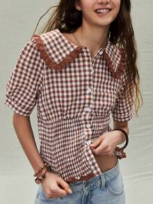 SoleilVie 女士可爱棕色格子衬衫，荷叶边彼得潘领，半泡泡袖，常规长度，适合度假、夏季、春季外出穿着。 - 棕色 - 查看 3