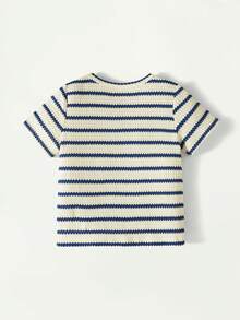 Maija Kids 一件少女优雅都市学院风百搭蓝白条纹圆领短袖上衣，饰有可爱樱桃图案，适合返校、日常休闲穿着、外出、聚会、节日、春夏季节等场合。 - 藍白色 - 查看 3
