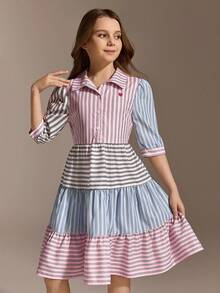 SHEIN Explorewe 少女撞色条纹泡泡袖前扣荷叶边连衣裙 - 粉色 - 查看 5
