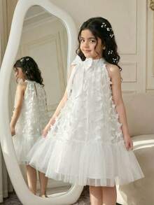 Vestido infantil feminino com gola alta, estampa de borboletas e patchwork em tule. Ideal para uso casual, diário e festas. - Branco - Ver 5