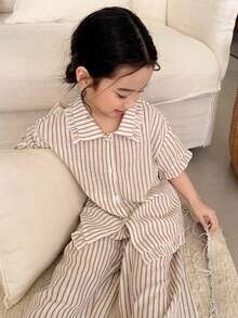 DAZY Set pijama confortabil cu cămașă și pantaloni cu dungi, pentru fetiță, vacanță de vară - alb - Vizualizare 5