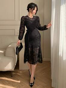 DAZY Robe longue élégante à col rond, manches longues, avec dentelle et broderie, avec lien à nouer. Robe longue, robe de soleil maxi - Noir - Voir 7